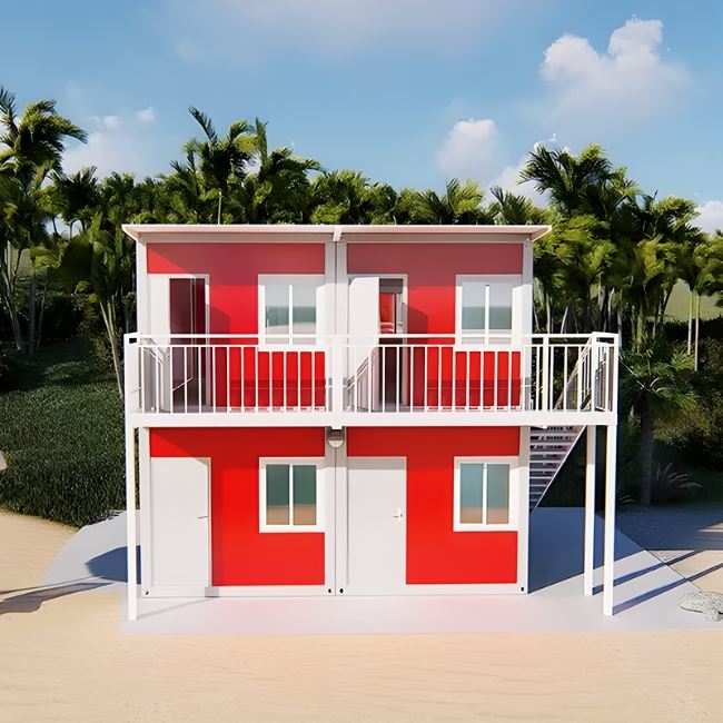 This is a two-story, red-appearing container house with an outside staircase, a walkway slab in front of the second floor, and a steel awning at the top